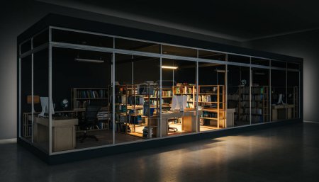 Foto de Separate cell offices in the dark, one is illuminated. 3d render - Imagen libre de derechos