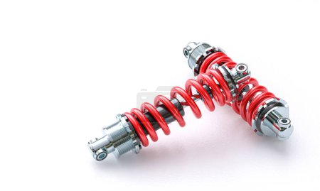Foto de Amortiguadores de coche con muelle rojo y fondo blanco. 3d renderizar - Imagen libre de derechos