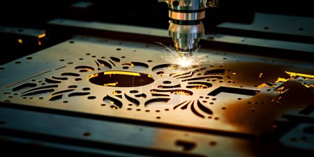 Die CNC-Lasermaschine schneidet ein Blech. 3D-Darstellung