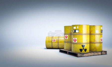 Foto de 3d renderizar barriles radiactivos amarillos en paletas - Imagen libre de derechos