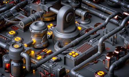 Foto de Representación 3D de elementos mecánicos futuristas en el fondo de fibra de carbono - Imagen libre de derechos