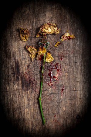 Photo for Dried, broken and bloodied yellow flower on a wooden background - Royalty Free Image