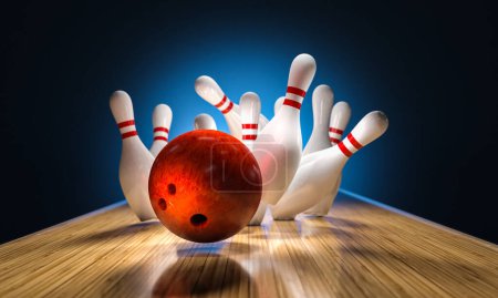 Téléchargez les photos : Boule de bowling frappe broches tombant sur la piste, rendu 3d - en image libre de droit