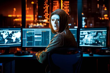 hacker in white mask with computer and server, illuminated city in the background