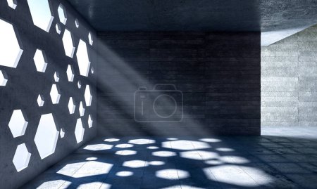 Téléchargez les photos : Intérieur de rendu 3d avec murs perforés de forme hexagonale et faisceaux lumineux entrant - en image libre de droit