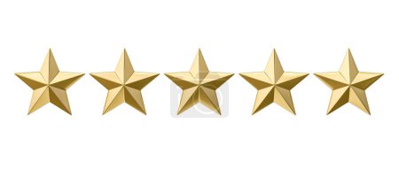 Foto de Cinco estrellas de oro 3d renderizado aislado sobre fondo blanco para la calificación - Imagen libre de derechos