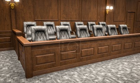 Schwurgerichtsbank vor Gericht. Hintergrund zur 3D-Darstellung