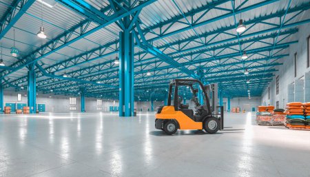 Photo for Interior of a very large empty warehouse, forklift at work. 3d render - Royalty Free Image