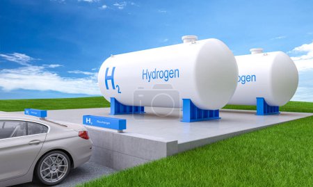 Téléchargez les photos : Charge pour les voitures avec de l'hydrogène. 3d rendu - en image libre de droit