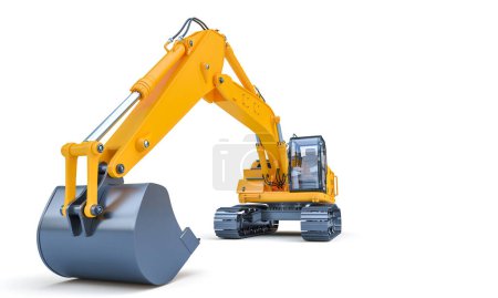 Foto de Máquina excavadora amarilla aislada sobre fondo blanco. 3d renderizar - Imagen libre de derechos