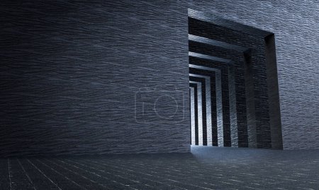 Téléchargez les photos : Murs noirs et portails répétés avec roche sombre. 3d rendu - en image libre de droit