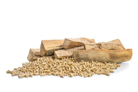Photo for Wood pellets and beech logs on white - Royalty Free Image