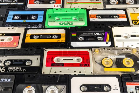 Photo for Used vintage audio cassettes various types background - Royalty Free Image