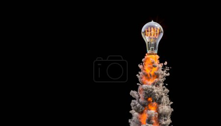 Téléchargez les photos : Ampoule à incandescence classique avec fumée et flammes sur fond noir. 3d rendu - en image libre de droit