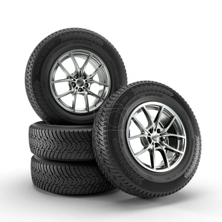 Téléchargez les photos : Jeu de pneus d'hiver empilés sur un fond blanc. 3d rendu - en image libre de droit