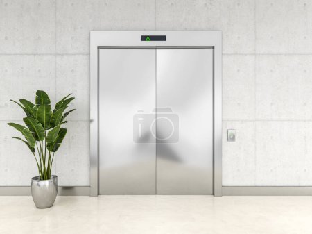 Téléchargez les photos : 3D rendu intérieur d'un ascenseur en acier moderne avec portes fermées - en image libre de droit