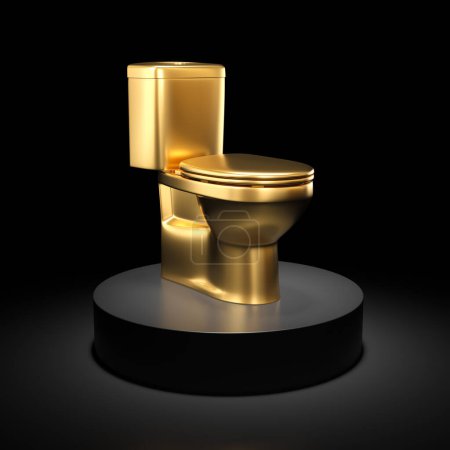 Foto de Inodoro de metal dorado sobre pedestal negro, fondo oscuro. 3d renderizar - Imagen libre de derechos