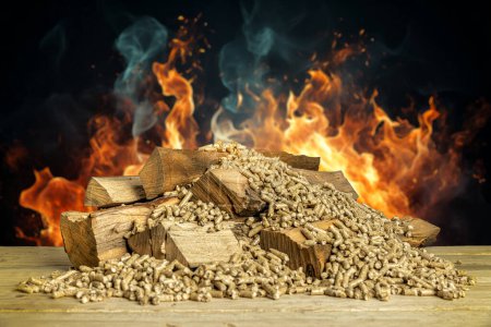 Photo for Wood pellets with beech logs and flames in the background - Royalty Free Image