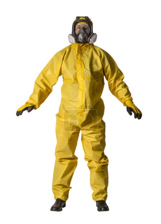 Foto de Hombre en traje protector amarillo y máscara de gas aislado en blanco - Imagen libre de derechos