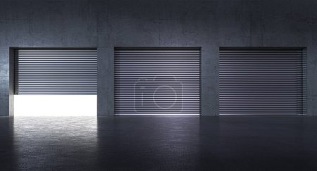 Foto de Garajes con persianas metálicas y muro de hormigón, luz interior. 3d renderizar - Imagen libre de derechos