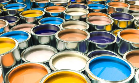 Photo for Group of cans filled with coloured paint. 3d render background - Royalty Free Image