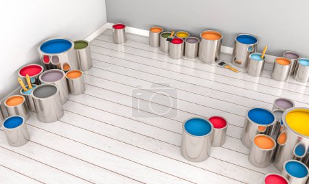 Foto de Latas de pintura con pinceles en el suelo de una casa en necesidad de renovación. 3d renderizar - Imagen libre de derechos