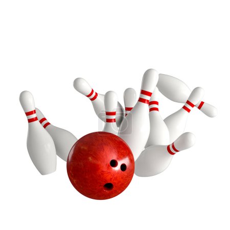 Photo for Bowling ball hits pins isolated on white. 3d render - Royalty Free Image