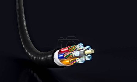 Téléchargez les photos : Câble en fibre optique noire sur fond sombre. 3d rendu - en image libre de droit