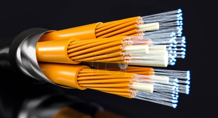 Téléchargez les photos : Détail de câble de fibre optique orange sur fond noir. 3d rendu - en image libre de droit