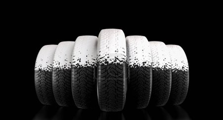 Foto de Neumáticos de invierno cubiertos de nieve sobre un fondo negro. 3d renderizar - Imagen libre de derechos