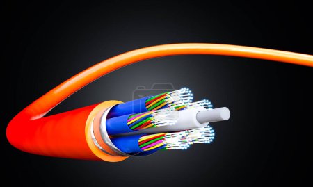 Foto de Cable de fibra óptica naranja, conexión rápida a Internet. 3d renderizar - Imagen libre de derechos