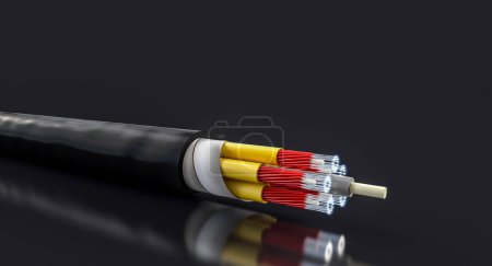 Foto de Cable de fibra óptica, conexión a Internet rápida sobre fondo negro.3d render - Imagen libre de derechos