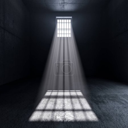 Téléchargez les photos : À l'intérieur d'une prison, la lumière venant d'une fenêtre avec des barreaux. 3d rendu - en image libre de droit