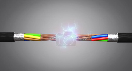 Foto de Corriente eléctrica entre dos cables de cobre de varios hilos. 3d renderizar - Imagen libre de derechos