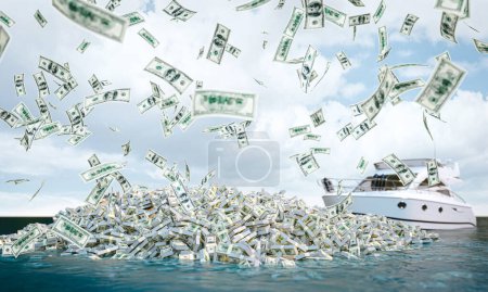 Téléchargez les photos : Bateau dans la mer avec l'île de dollars, l'argent tombant du ciel. 3d rendu - en image libre de droit
