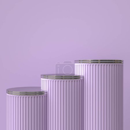 Photo for Cylindrical column-shaped lilac podiums with metal top. 3d render background - Royalty Free Image