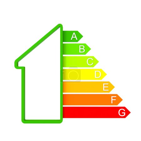 Téléchargez les photos : Profil de la maison et des flèches de classification énergétique. isolé sur blanc. 3d rendu - en image libre de droit