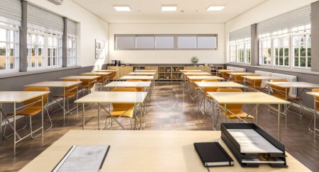 Téléchargez les photos : Salle de classe vide avec planchers en bois, bureaux et rendu 3D lumière naturelle - en image libre de droit