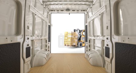 Téléchargez les photos : Vue de l'intérieur d'une camionnette vide avec une porte ouverte, rendu 3d - en image libre de droit