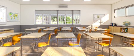 Foto de Interior luminoso y moderno del aula con escritorios y sillas vacías. 3d renderizar - Imagen libre de derechos