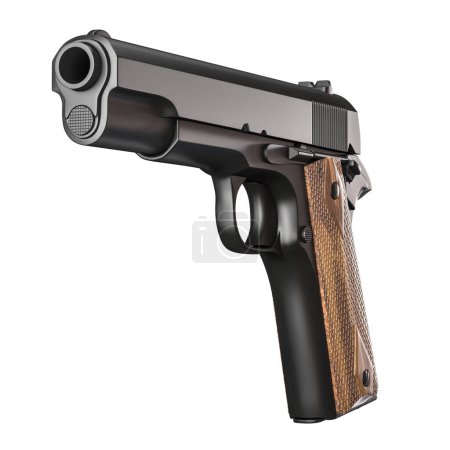 Realistic illustration of a black handgun with wooden grip detail. 3d render