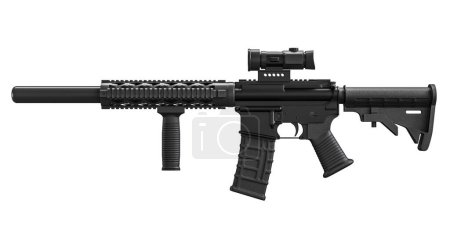Téléchargez les photos : Image détaillée d'un fusil d'assaut au fini noir mat isolé sur fond blanc. 3d rendu - en image libre de droit