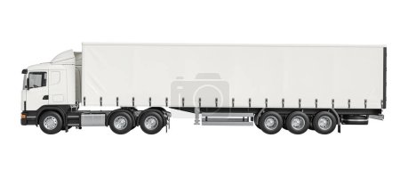 Téléchargez les photos : Vue latérale détaillée d'un semi-camion blanc moderne, entièrement modifiable et isolé sur fond blanc. 3d rendu - en image libre de droit