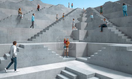 Foto de Diversos individuos ascendiendo y descendiendo a través de una gran estructura de escalera de hormigón en un paisaje urbano moderno. 3d renderizar - Imagen libre de derechos