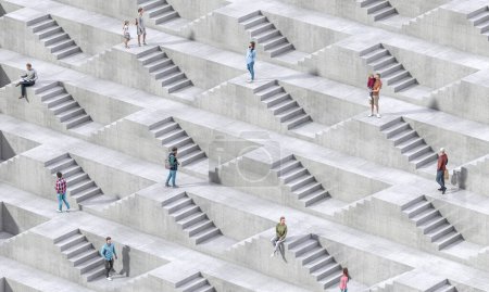 Foto de Los individuos navegan por un laberinto-como escaleras de hormigón entorno urbano. 3d renderizar - Imagen libre de derechos