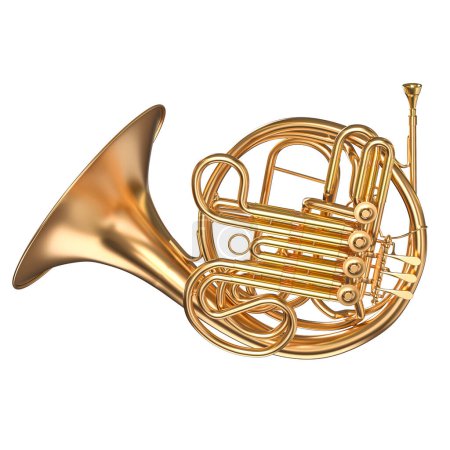 Photo for Isolated image of a shiny gold french horn on a pure white backdrop. 3d render - Royalty Free Image