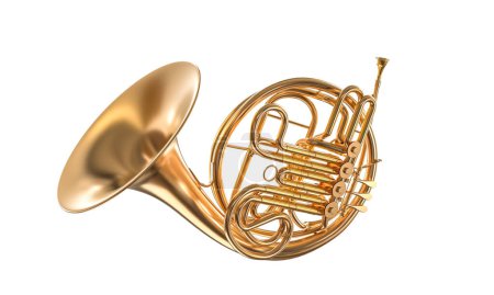 Photo for Isolated image of a shiny brass french horn with intricate details. 3d render - Royalty Free Image