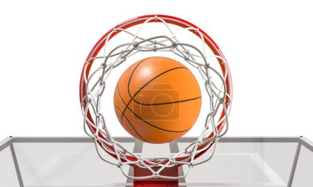 Foto de Vista desde abajo de una pelota de baloncesto balanceándose a través de una red sobre un fondo blanco limpio. 3d renderizar - Imagen libre de derechos