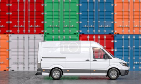 Photo for 3d-rendered cargo van parked ready for loading in a logistics hub with colorful containers - Royalty Free Image