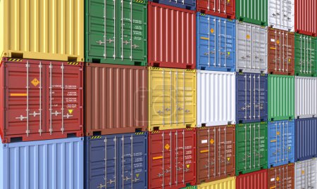 Vibrant cargo containers stacked neatly, awaiting transportation. 3d render